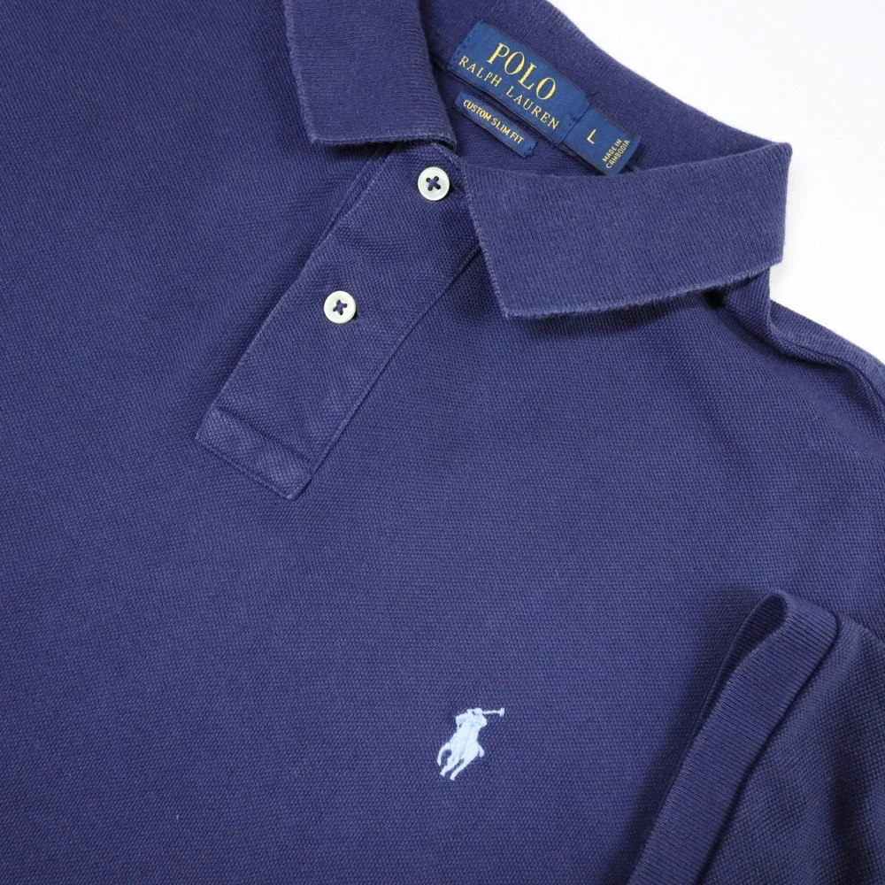 Polo Ralph Lauren Polo Shirt Mens L Navy Blue Pony Custom Slim Fit Mesh Cotton